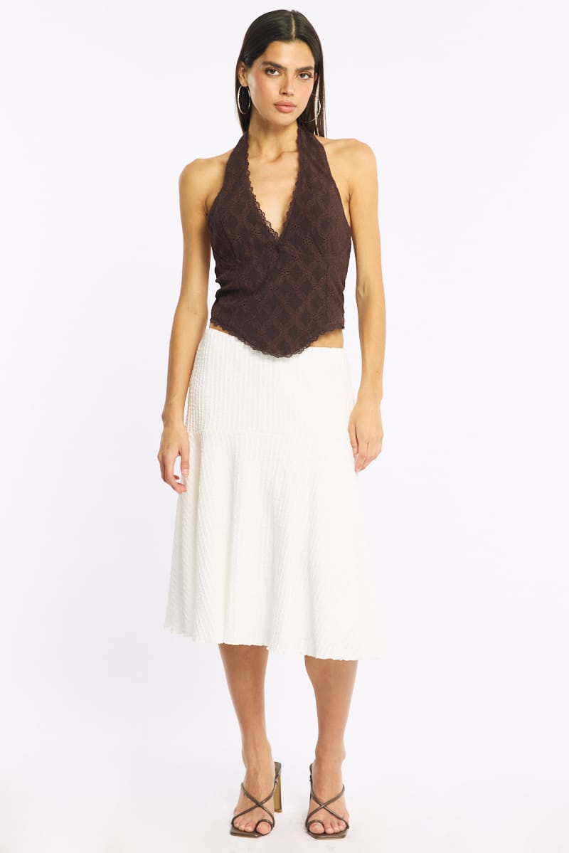 White Midi Skirt Elastic Waist Textured Lined