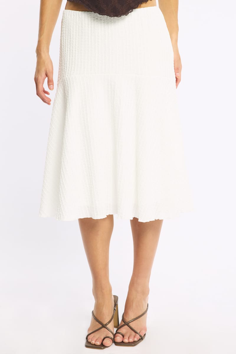 White Midi Skirt Elastic Waist Textured Lined