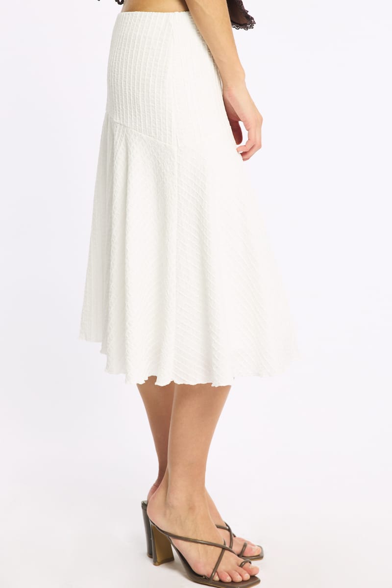 White Midi Skirt Elastic Waist Textured Lined