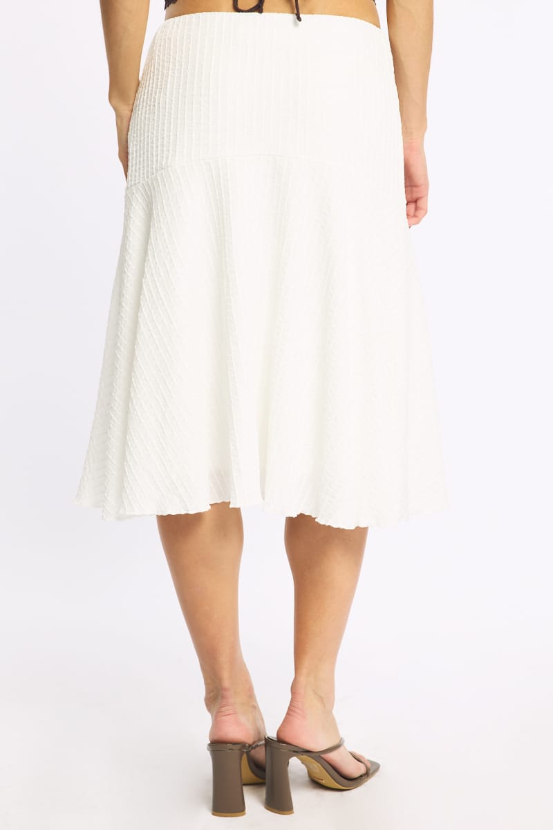 White Midi Skirt Elastic Waist Textured Lined