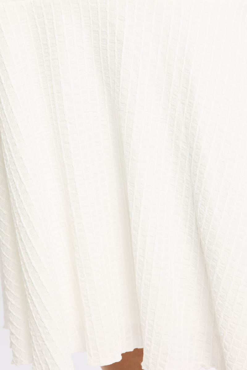 White Midi Skirt Elastic Waist Textured Lined
