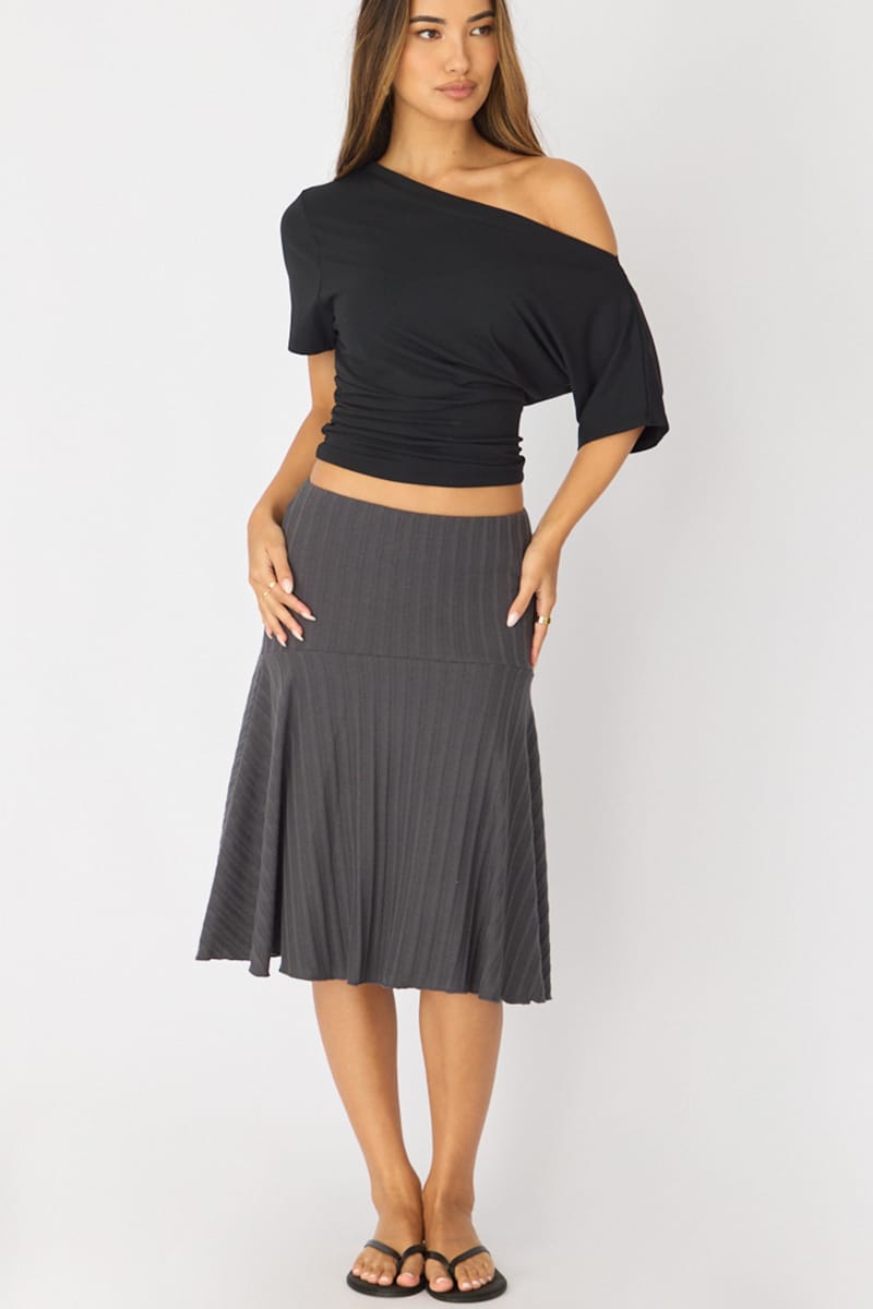 Grey Midi Skirt Elastic Waist Jacquard Rib Knit