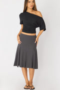 Grey Midi Skirt Elastic Waist Jacquard Rib Knit