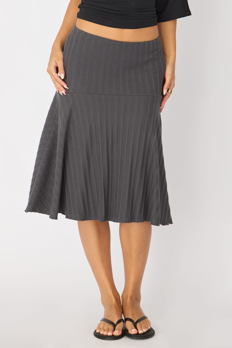 Grey Midi Skirt Elastic Waist Jacquard Rib Knit