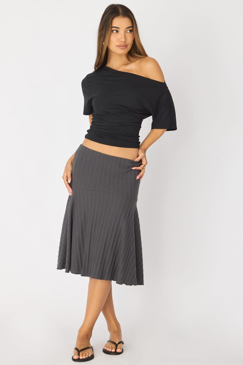 Grey Midi Skirt Elastic Waist Jacquard Rib Knit