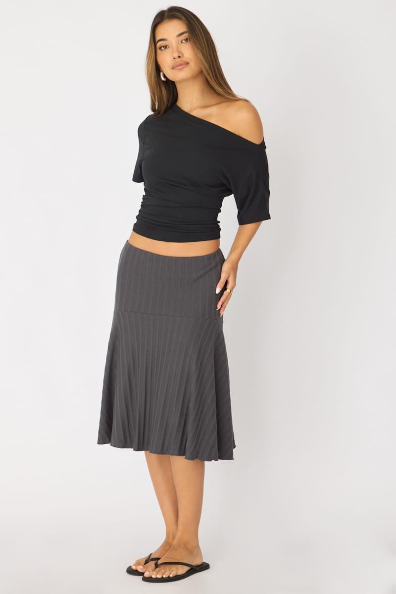 Grey Midi Skirt Elastic Waist Jacquard Rib Knit