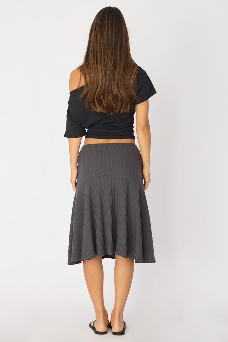 Grey Midi Skirt Elastic Waist Jacquard Rib Knit