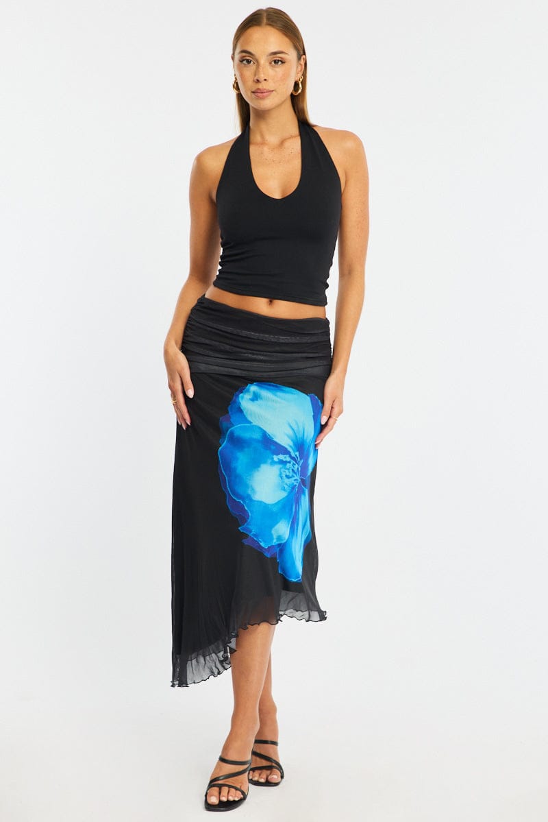 Blue Floral Scarf Hem Midi Skirt Elastic Waist