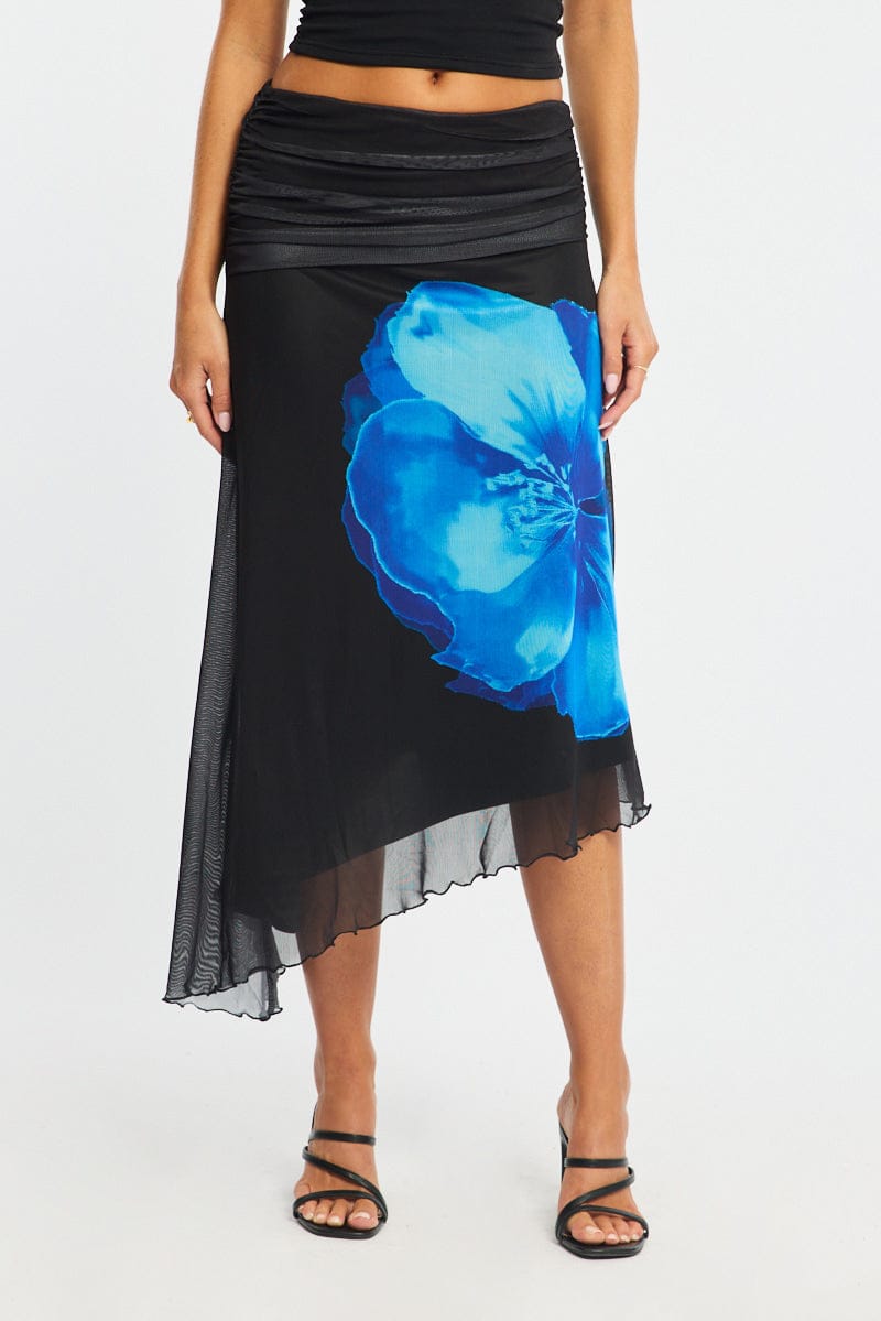 Blue Floral Scarf Hem Midi Skirt Elastic Waist