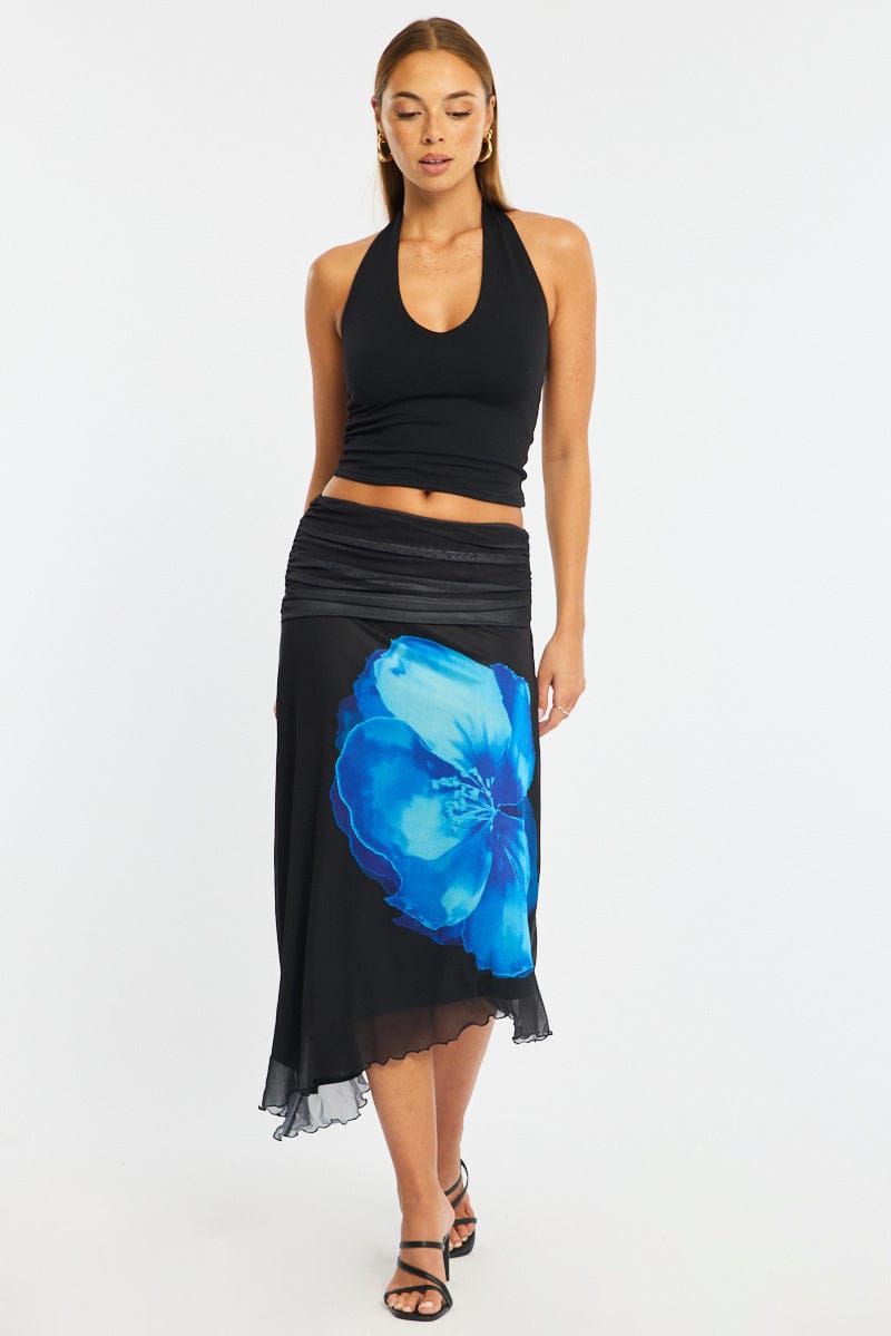 Blue Floral Scarf Hem Midi Skirt Elastic Waist