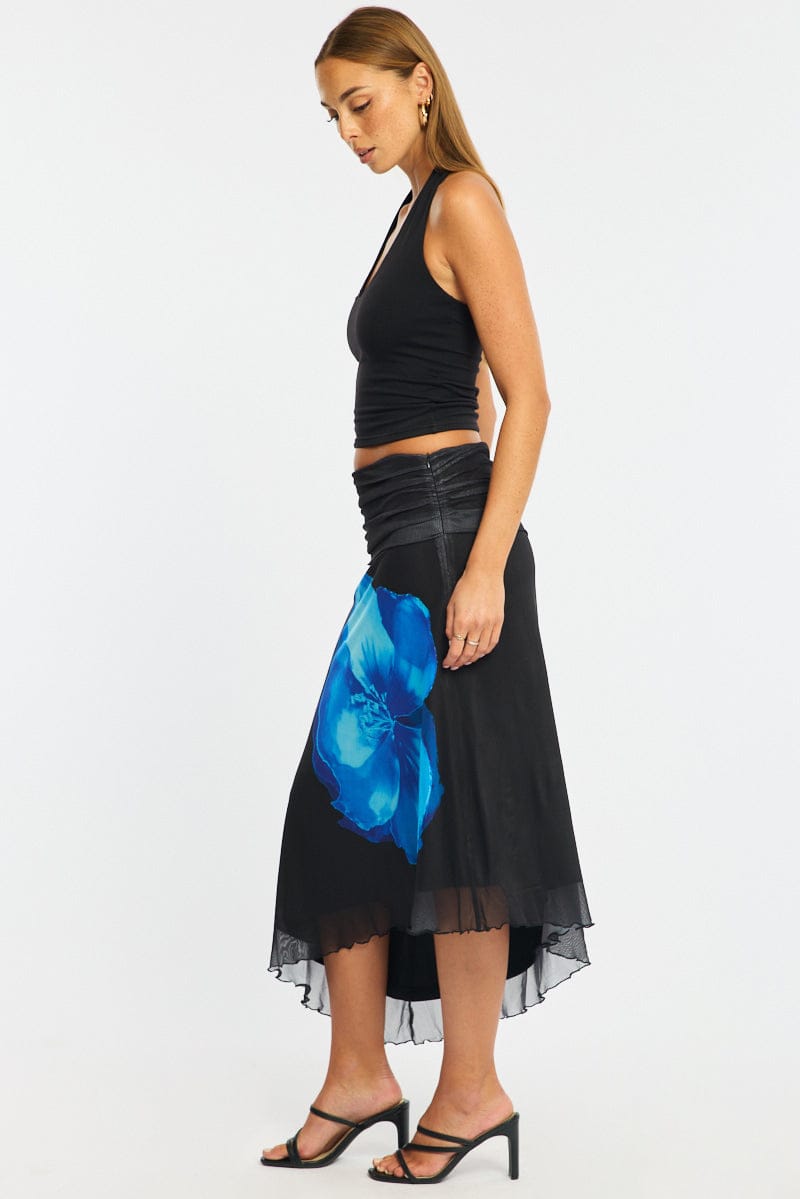 Blue Floral Scarf Hem Midi Skirt Elastic Waist
