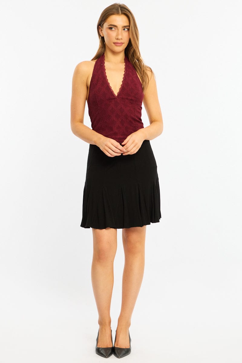 Black Midi Skirt Elastic Waist Knee Length Brushed