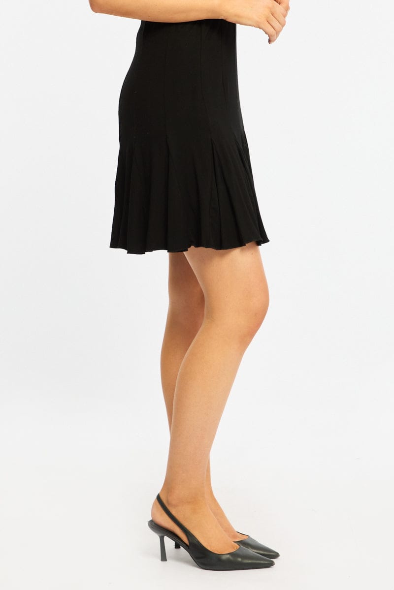 Black Midi Skirt Elastic Waist Knee Length Brushed