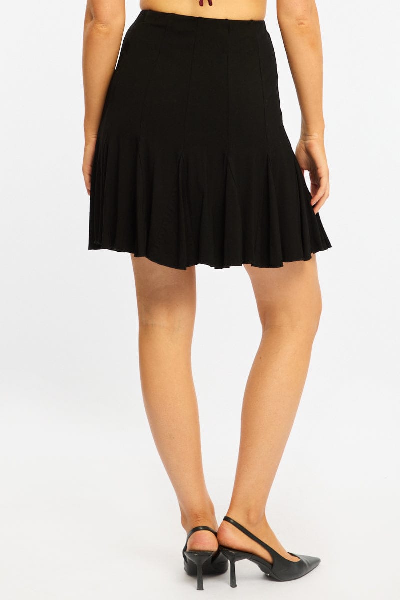 Black Midi Skirt Elastic Waist Knee Length Brushed