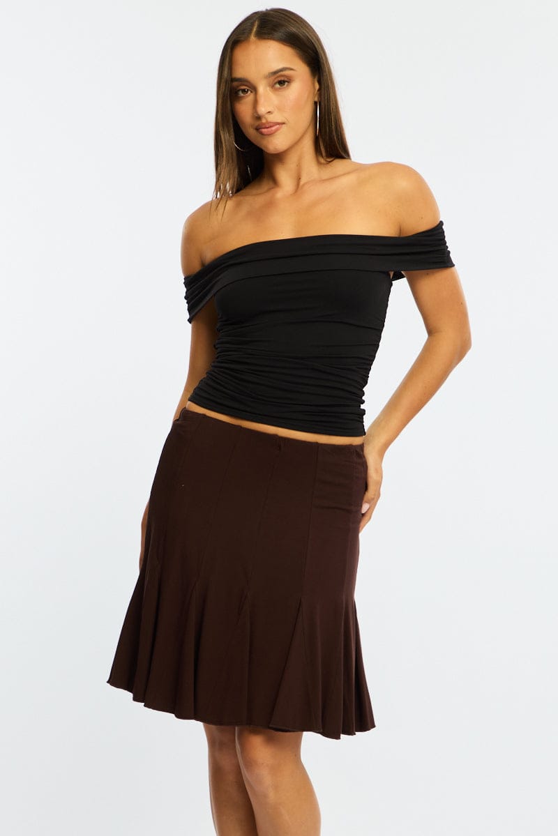 Brown Midi Skirt Elastic Waist Knee Length Brushed