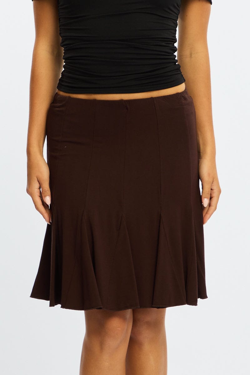Brown Midi Skirt Elastic Waist Knee Length Brushed