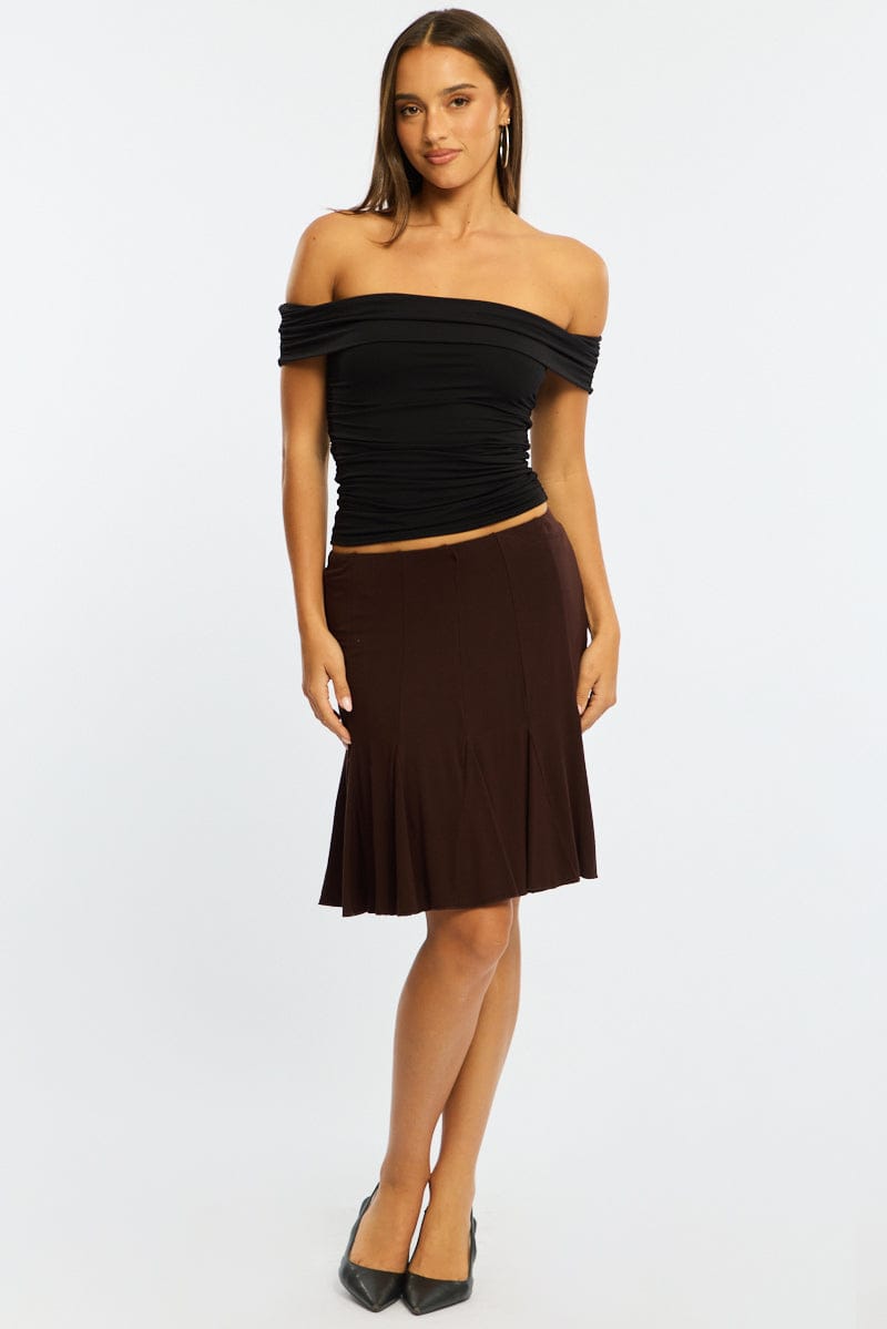 Brown Midi Skirt Elastic Waist Knee Length Brushed