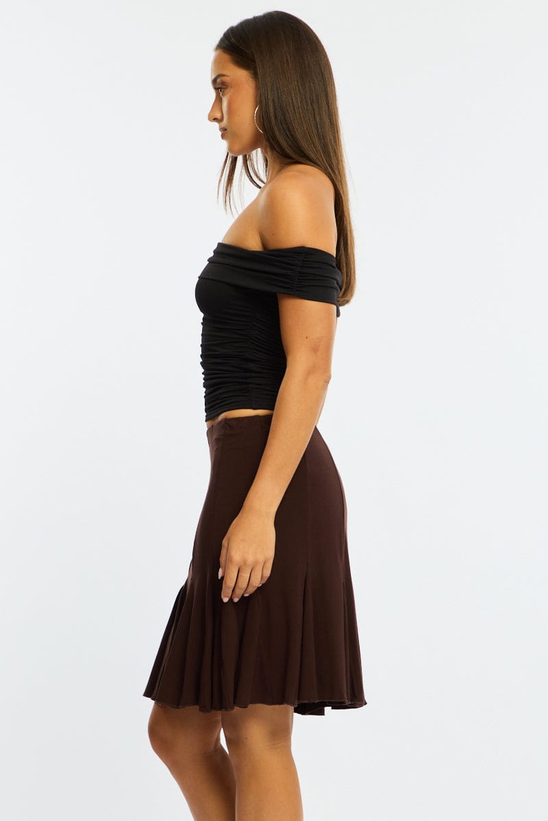 Brown Midi Skirt Elastic Waist Knee Length Brushed