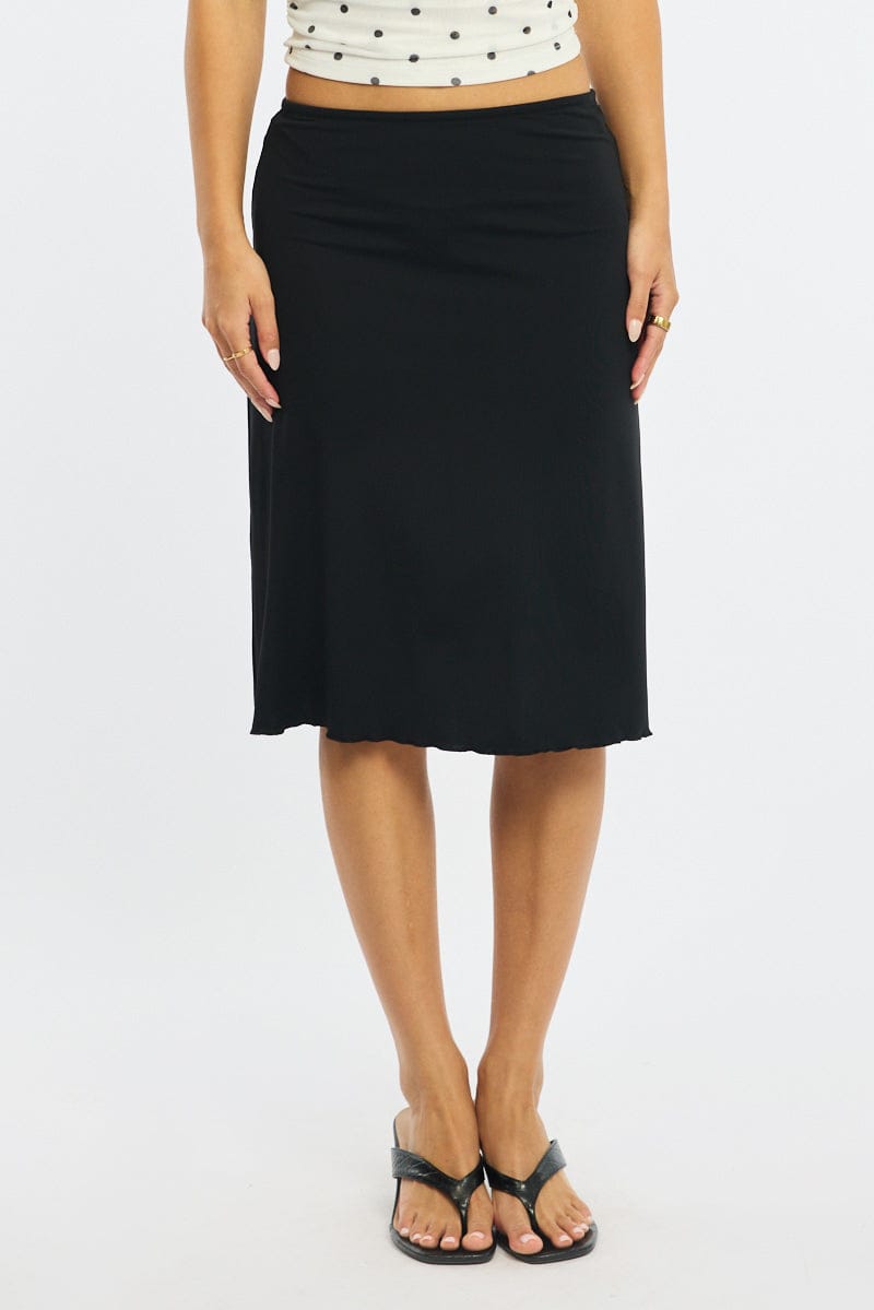 Black Midi Skirt Mid Rise Lined