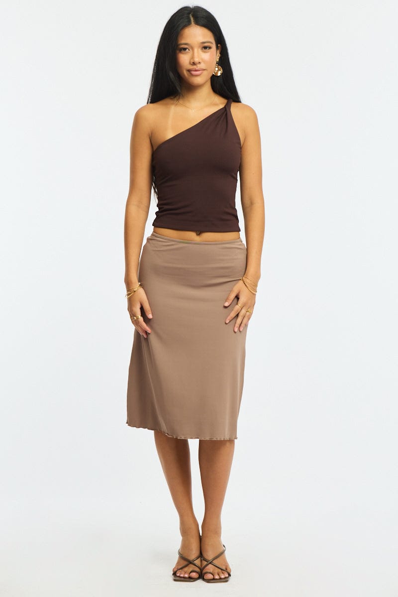 Brown Midi Skirt Mid Rise Lined