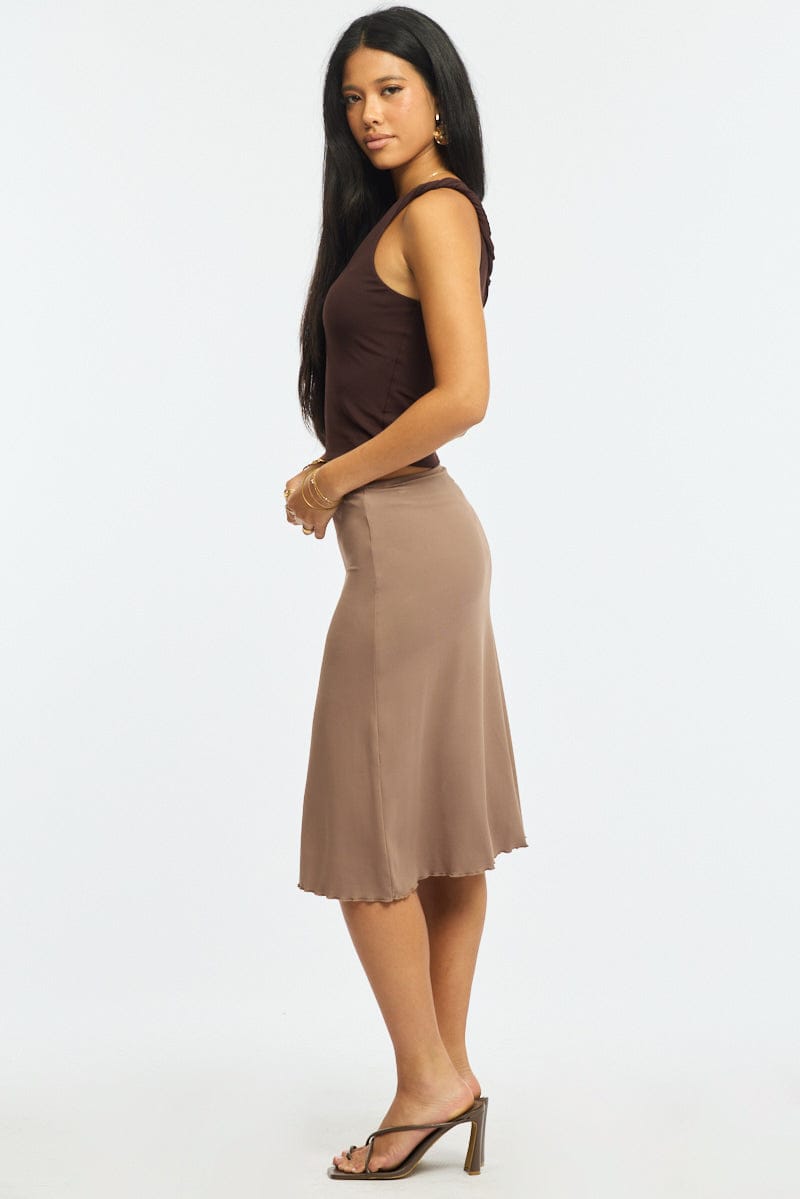 Brown Midi Skirt Mid Rise Lined