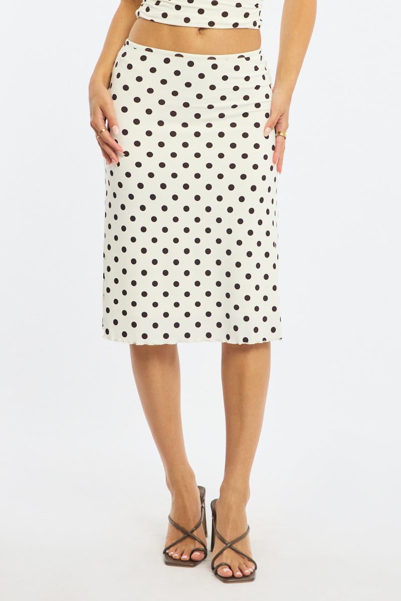 White Polka Dot Midi Skirt Mid Rise Lined