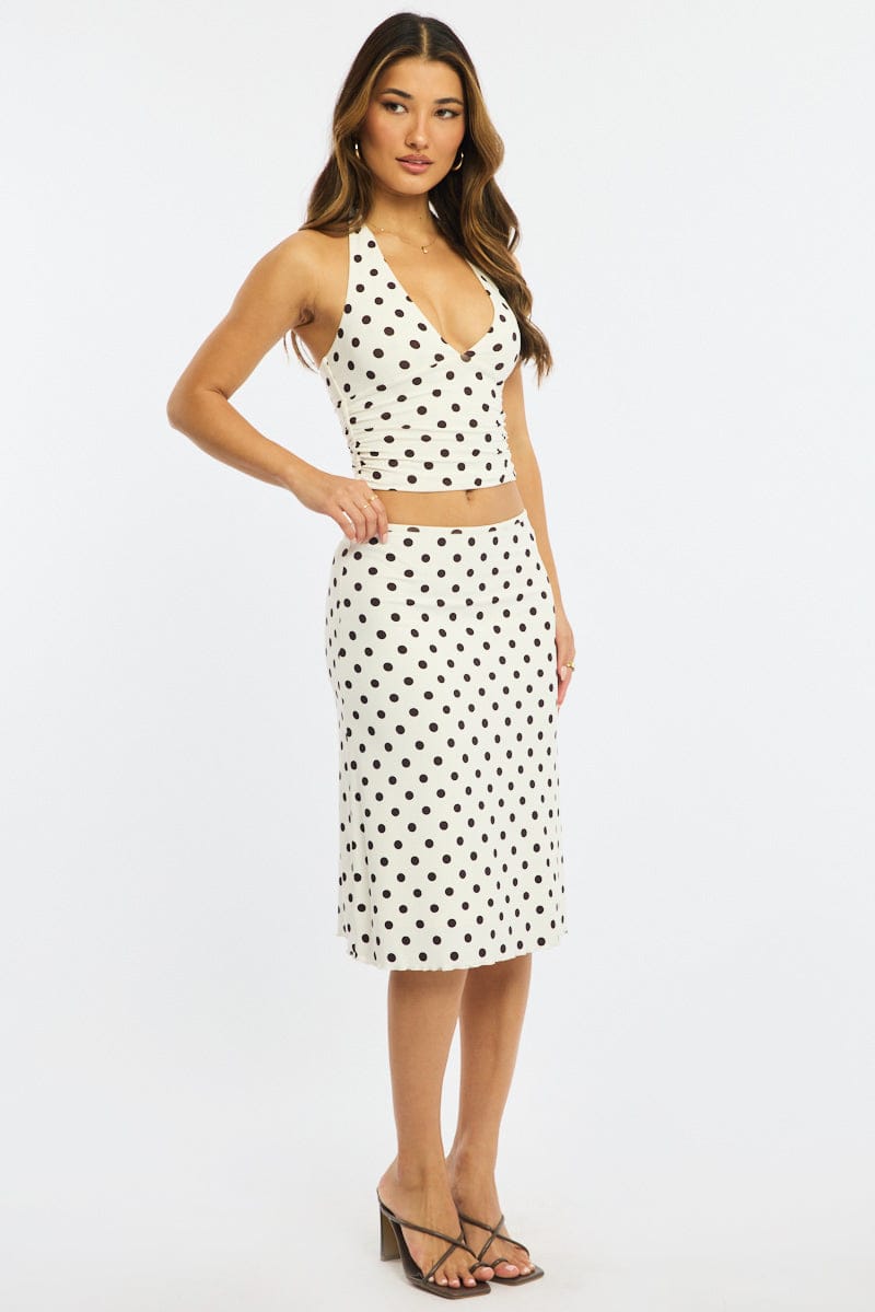 White Polka Dot Midi Skirt Mid Rise Lined