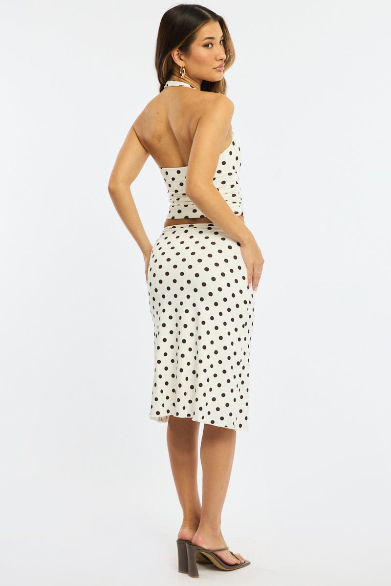 White Polka Dot Midi Skirt Mid Rise Lined