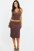Brown Polka Dot Midi Skirt Mid Rise Lined