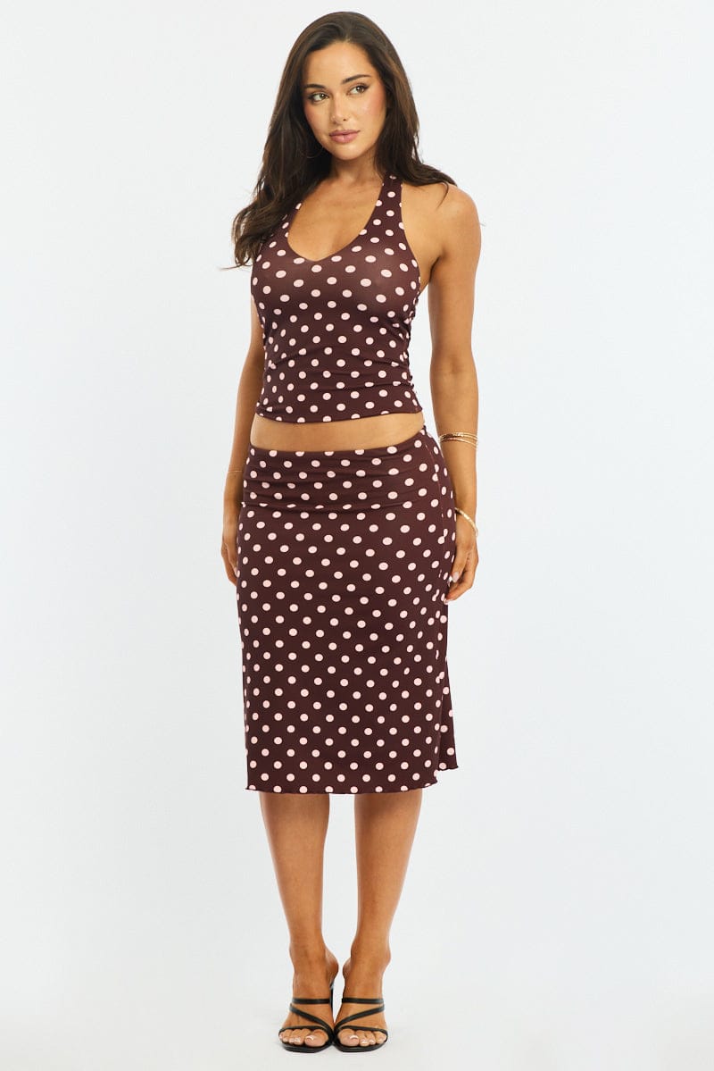 Brown Polka Dot Midi Skirt Mid Rise Lined