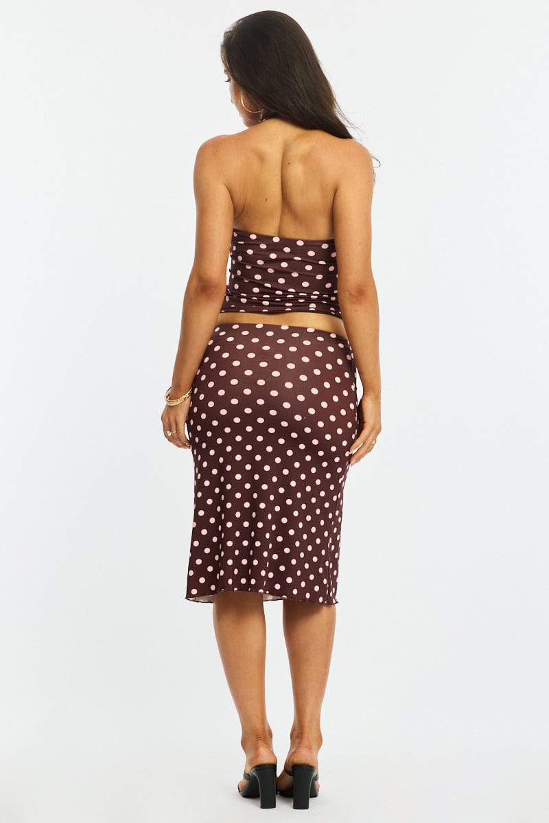 Brown Polka Dot Midi Skirt Mid Rise Lined