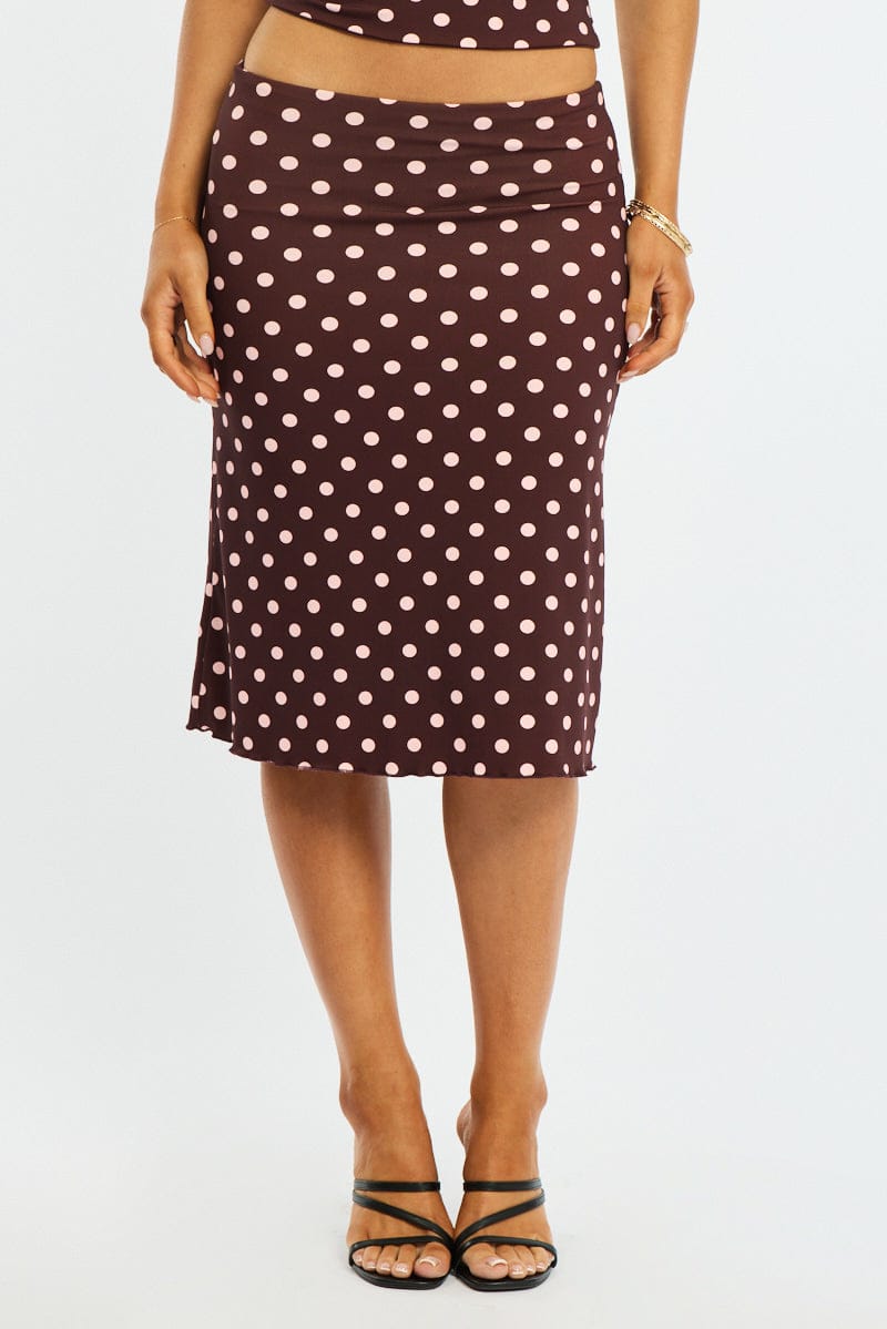 Red Polka Dot Midi Skirt Mid Rise Lined