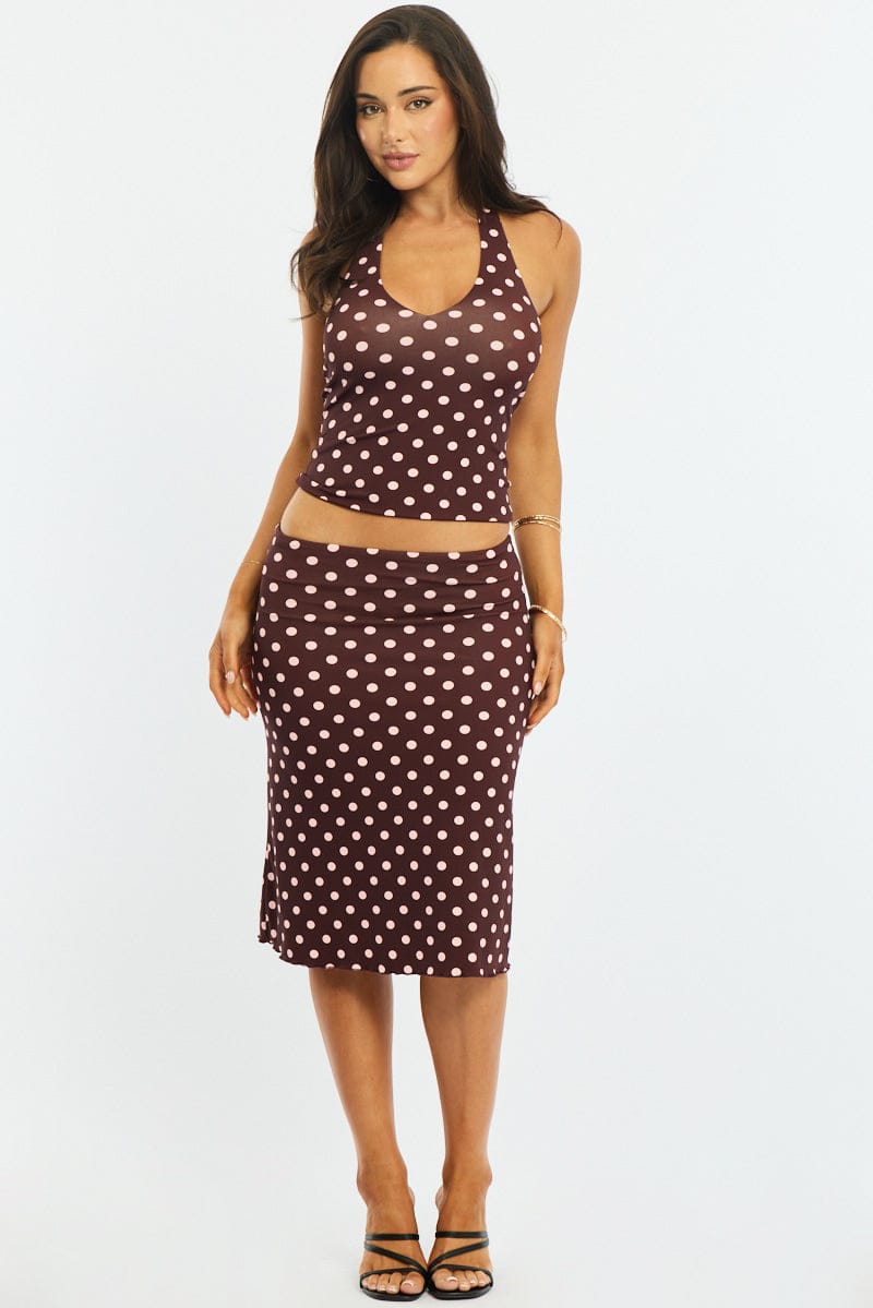 Red Polka Dot Midi Skirt Mid Rise Lined