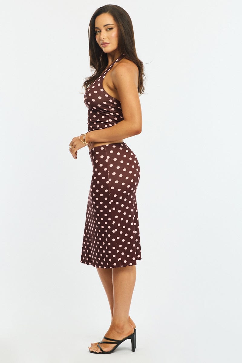 Red Polka Dot Midi Skirt Mid Rise Lined