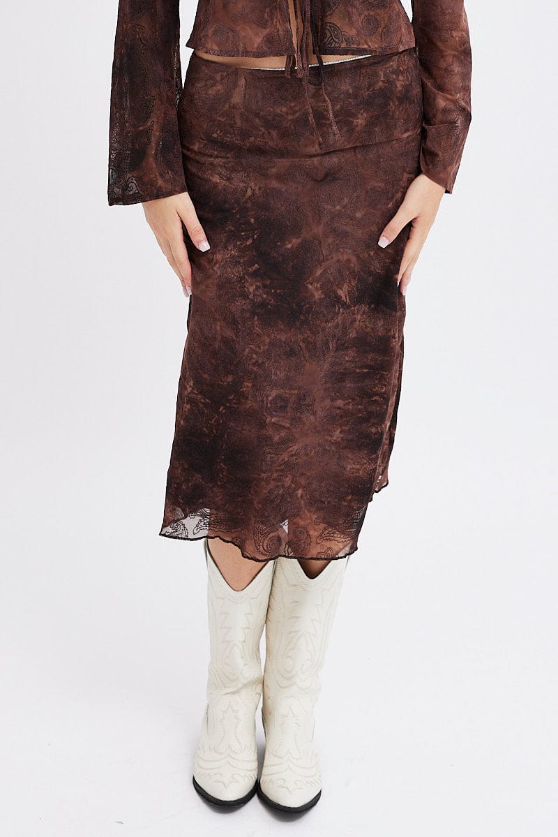 Red Paisley Midi Skirt High Rise Fit &