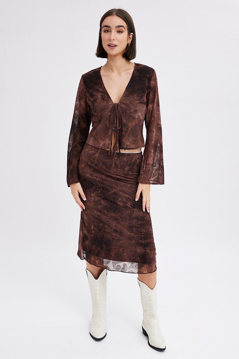Red Paisley Midi Skirt High Rise Fit &