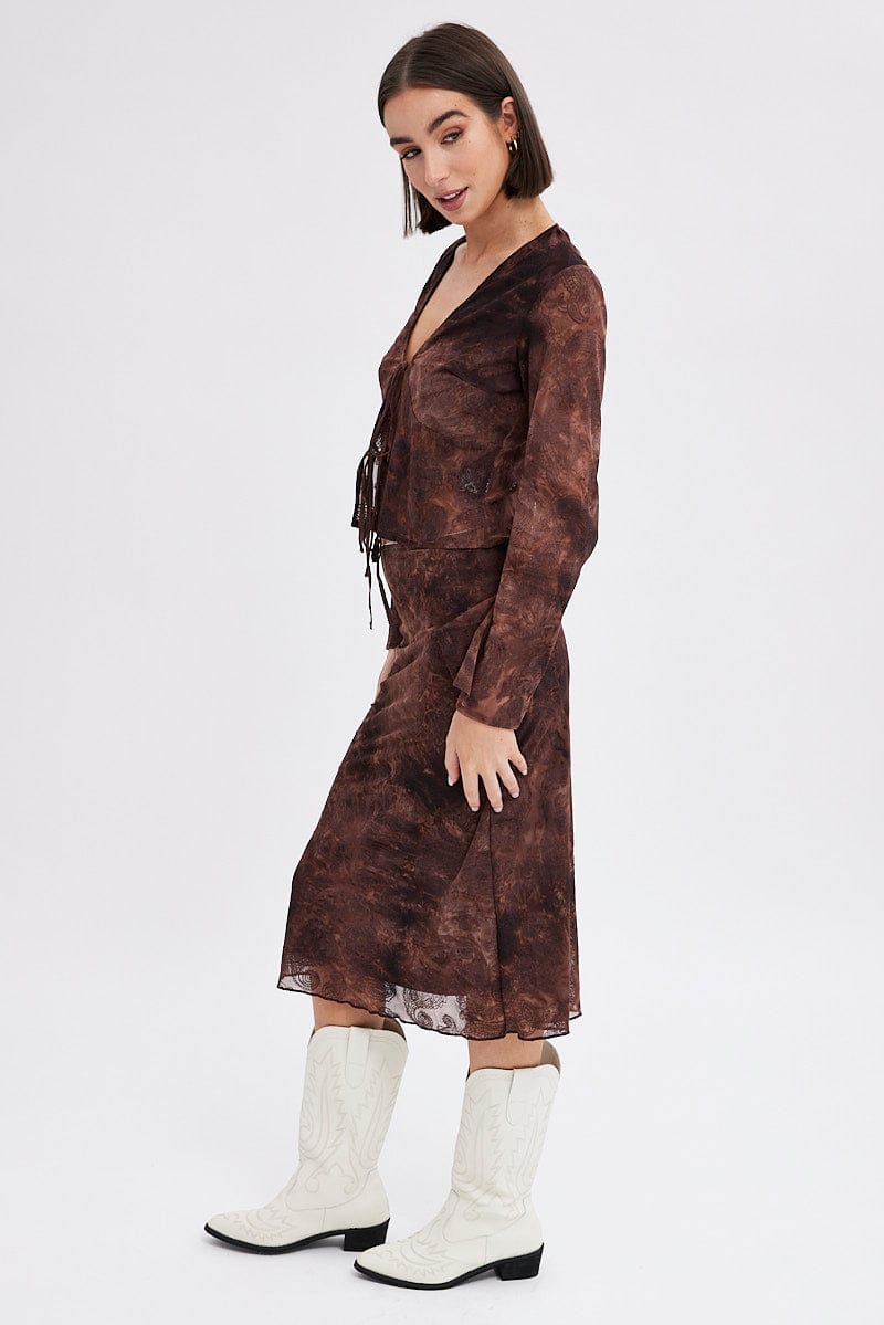 Red Paisley Midi Skirt High Rise Fit &