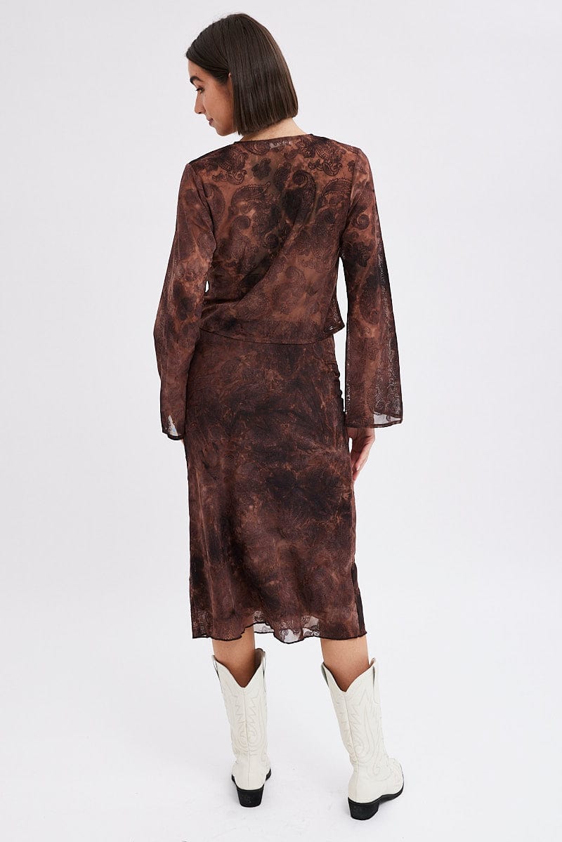 Red Paisley Midi Skirt High Rise Fit &