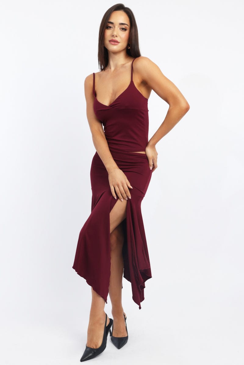 Red Scarf Hem Skirt High Rise Midi Asymm