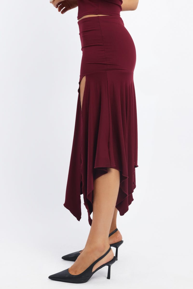 Red Scarf Hem Skirt High Rise Midi Asymm