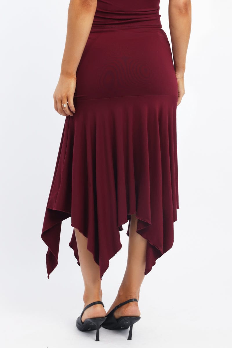 Red Scarf Hem Skirt High Rise Midi Asymm