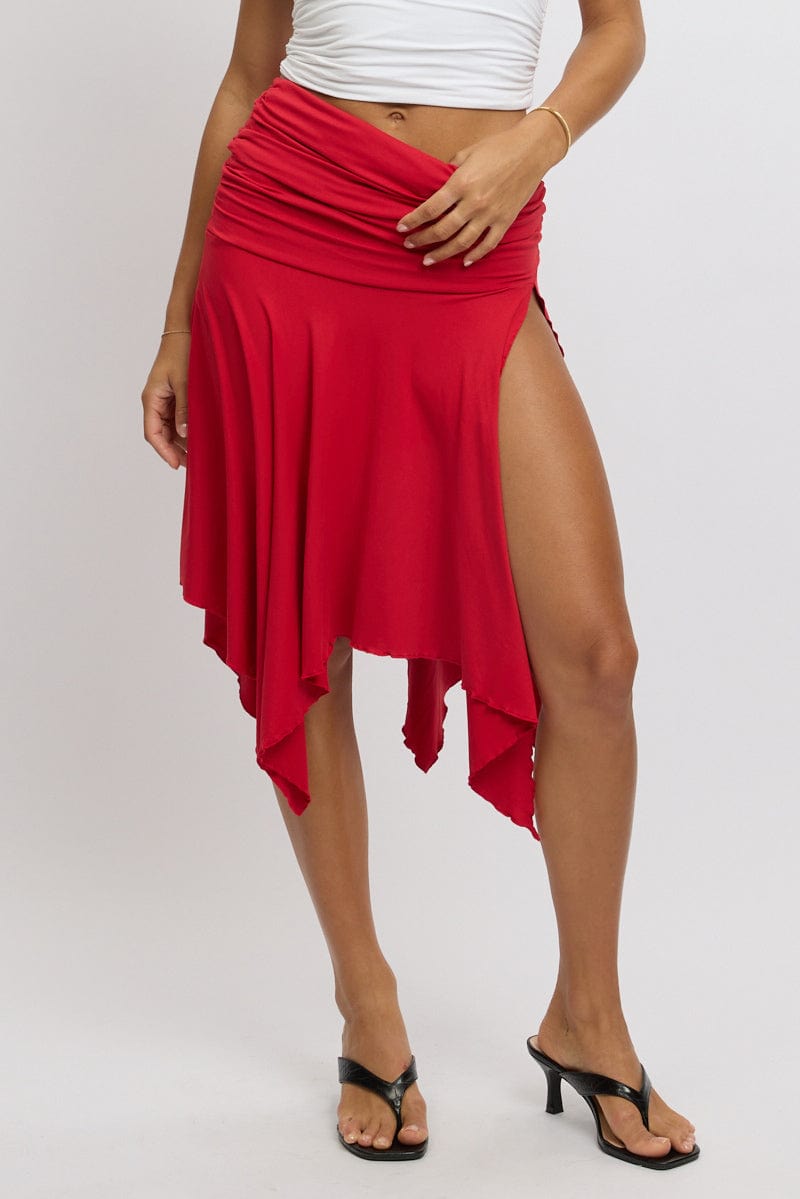 Red Scarf Hem Skirt High Rise Midi Asymm