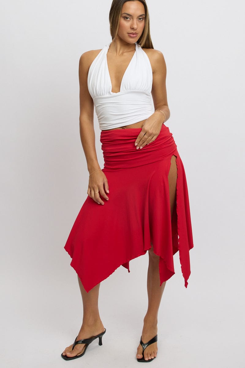 Red Scarf Hem Skirt High Rise Midi Asymm