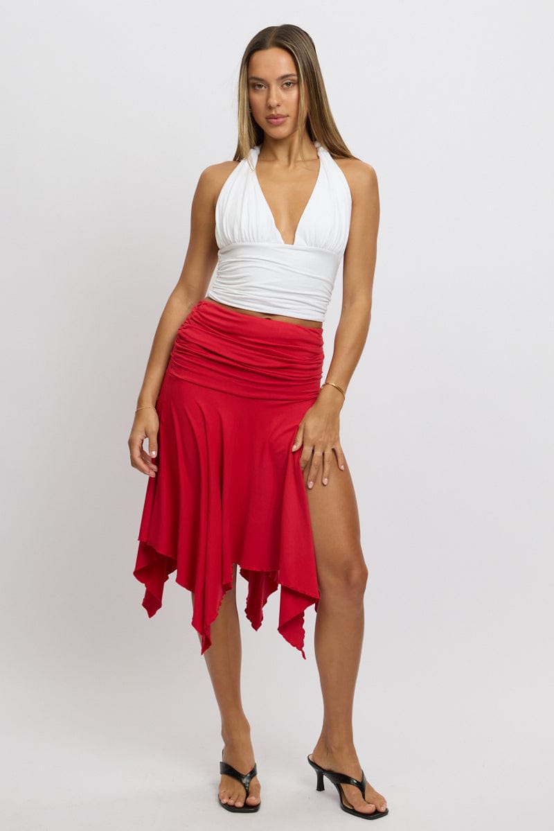 Red Scarf Hem Skirt High Rise Midi Asymm