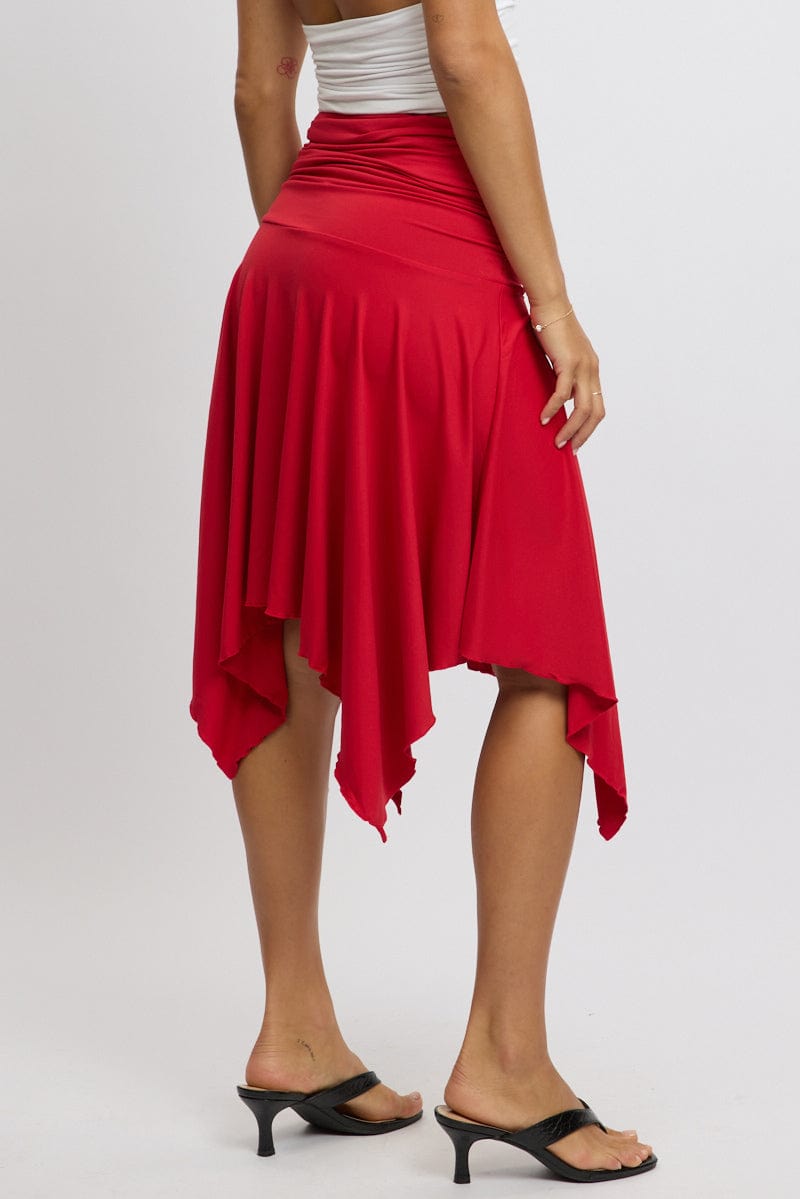 Red Scarf Hem Skirt High Rise Midi Asymm