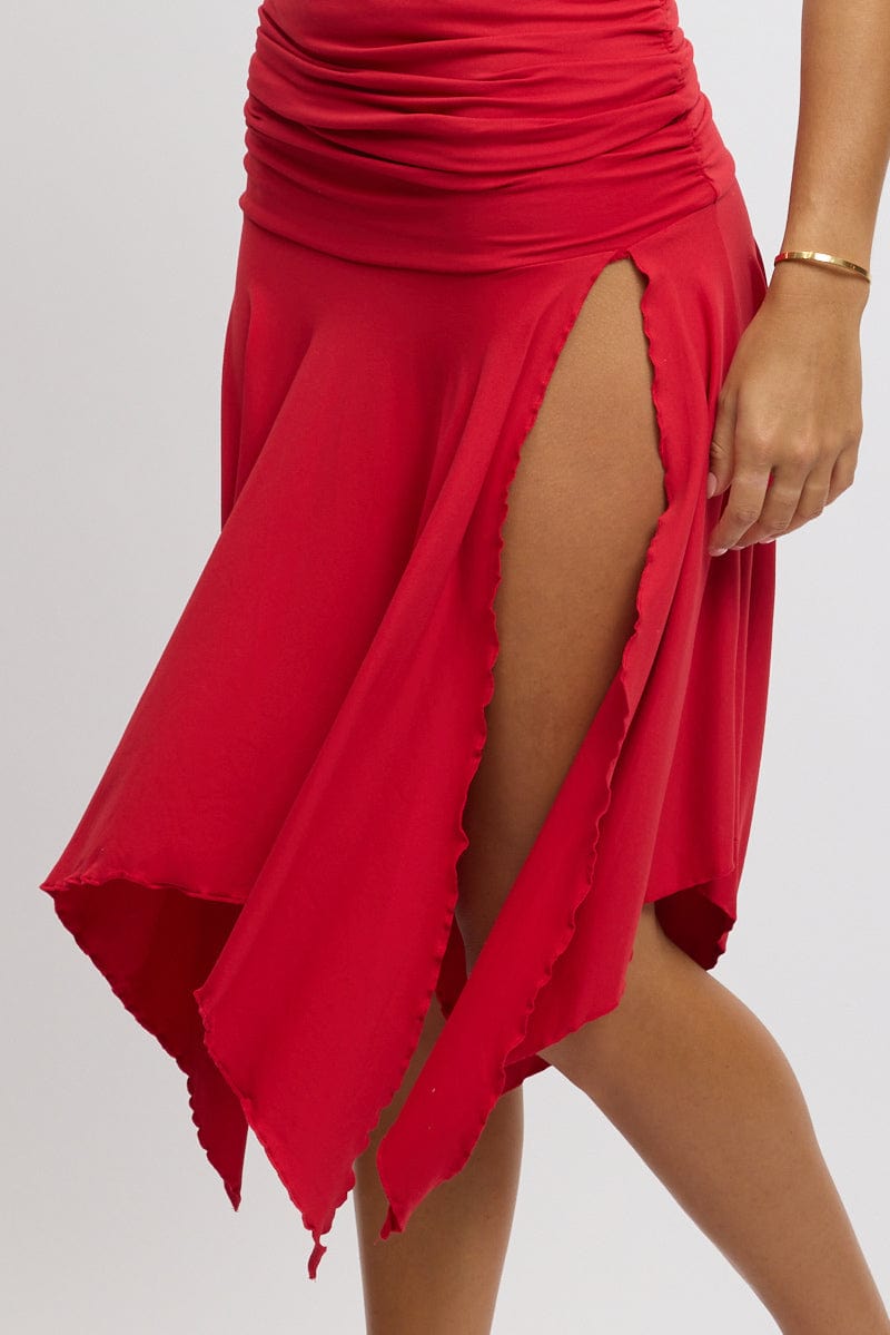 Red Scarf Hem Skirt High Rise Midi Asymm