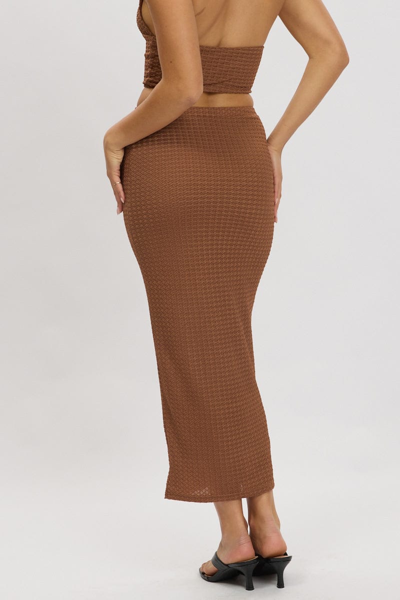 Brown Midi Skirt High Rise Textured Jersey