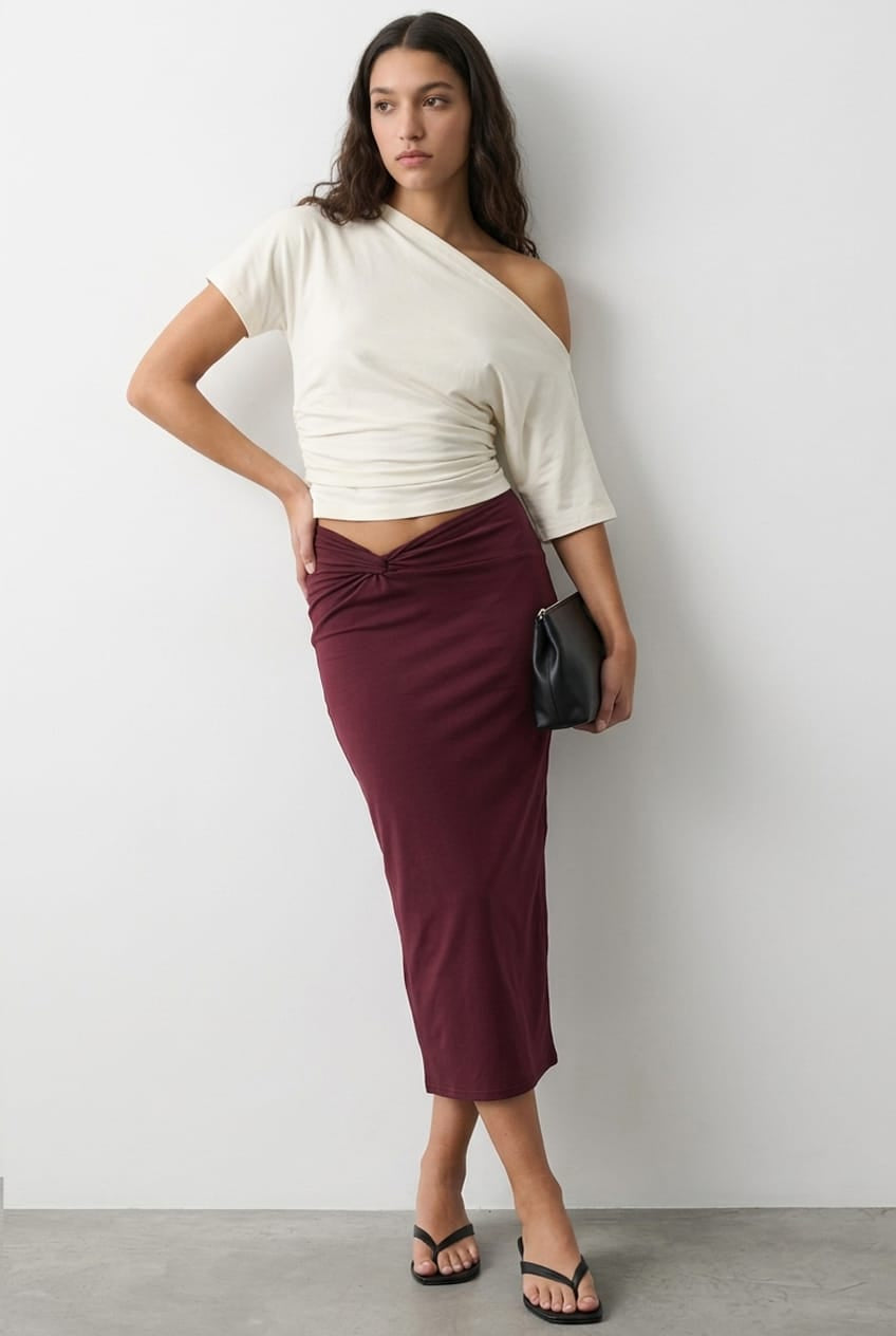 Red Midi Skirt Twisted Waist Double Layer