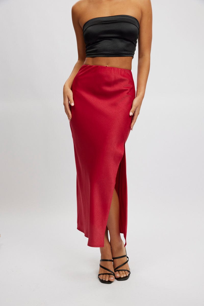 Red Slip Skirt High Waist Front Split Midaxi