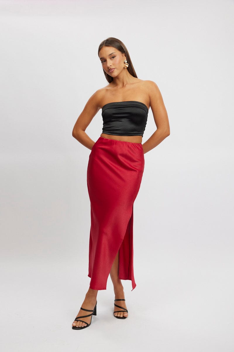 Red Slip Skirt High Waist Front Split Midaxi